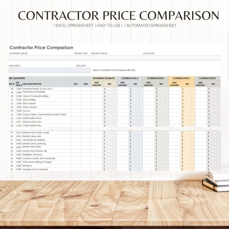 Detailed contractor price comparison excel template construction vendor ...